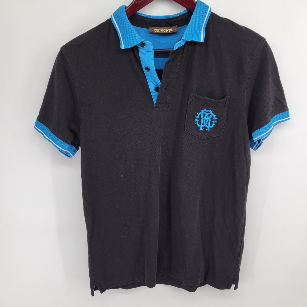 Roberto Cavalli Black Polo with Blue Trim Size Large